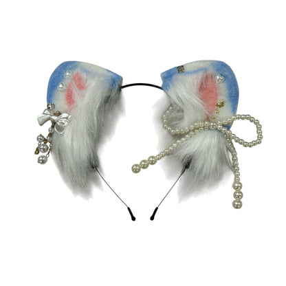 Faux Fur Cat Ear Headband With Pearls & Bow Embellishments For Cosplay Or Costumes