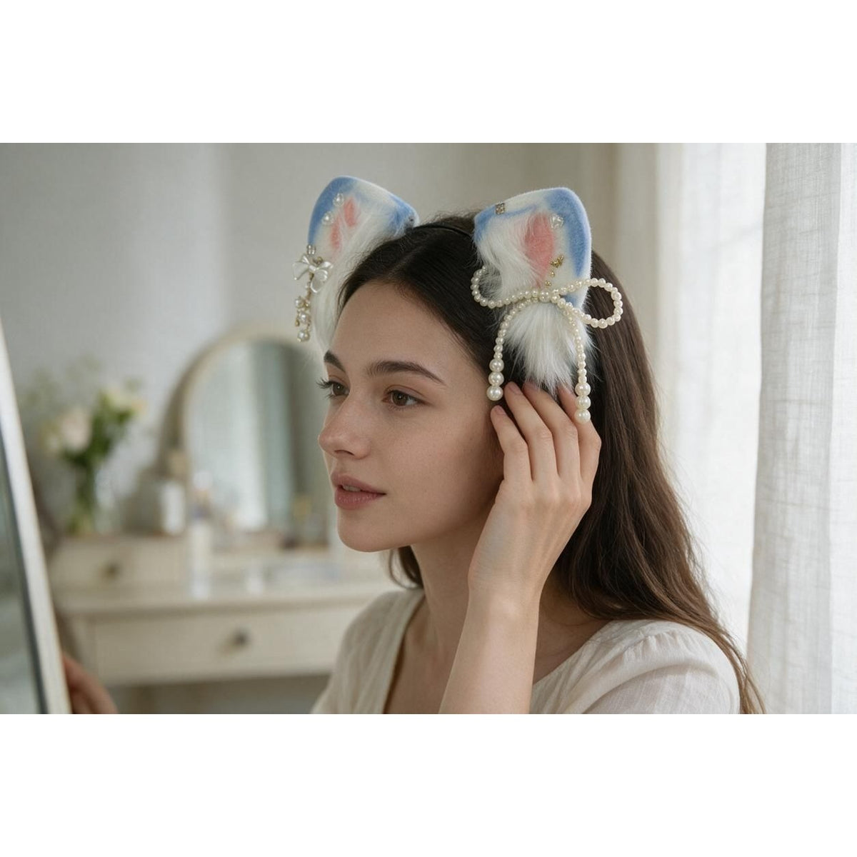 Faux Fur Cat Ear Headband With Pearls & Bow Embellishments For Cosplay Or Costumes
