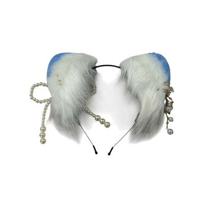 Faux Fur Cat Ear Headband With Pearls & Bow Embellishments For Cosplay Or Costumes