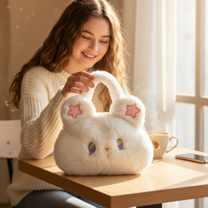 Fluffy Bunny Ears Handbag With Pink Star Details Soft Plush Material Adjustable Strap Zipper Closure Cute For Kids & Teens