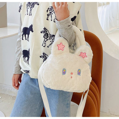 Fluffy Bunny Ears Handbag With Pink Star Details Soft Plush Material Adjustable Strap Zipper Closure Cute For Kids & Teens