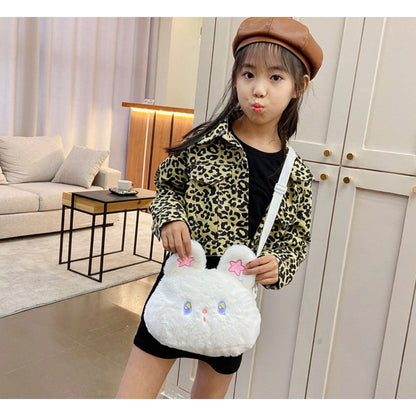 Fluffy Bunny Ears Handbag With Pink Star Details Soft Plush Material Adjustable Strap Zipper Closure Cute For Kids & Teens