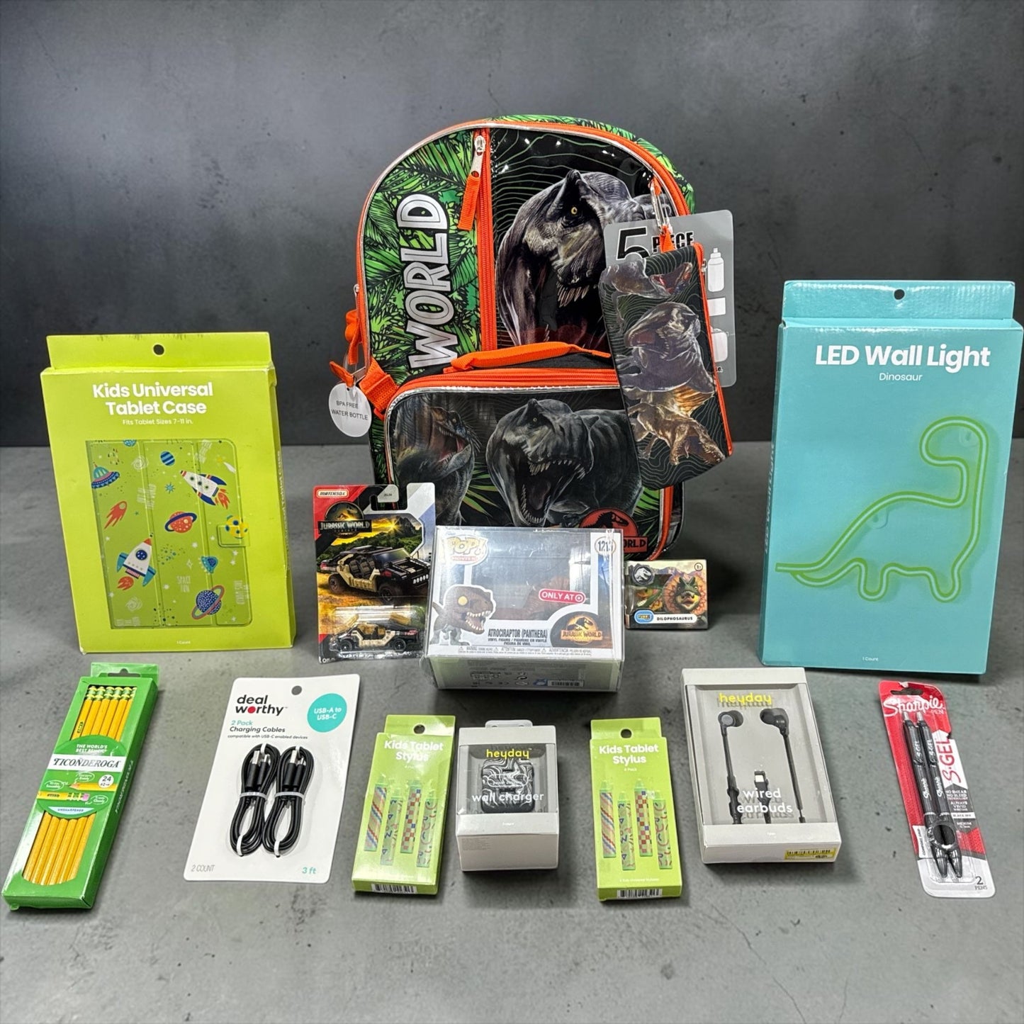 Jurassic World 5-Piece Backpack Set With Lunch Bag, Water Bottle & Accessories Plus Kids Accessories Bundle