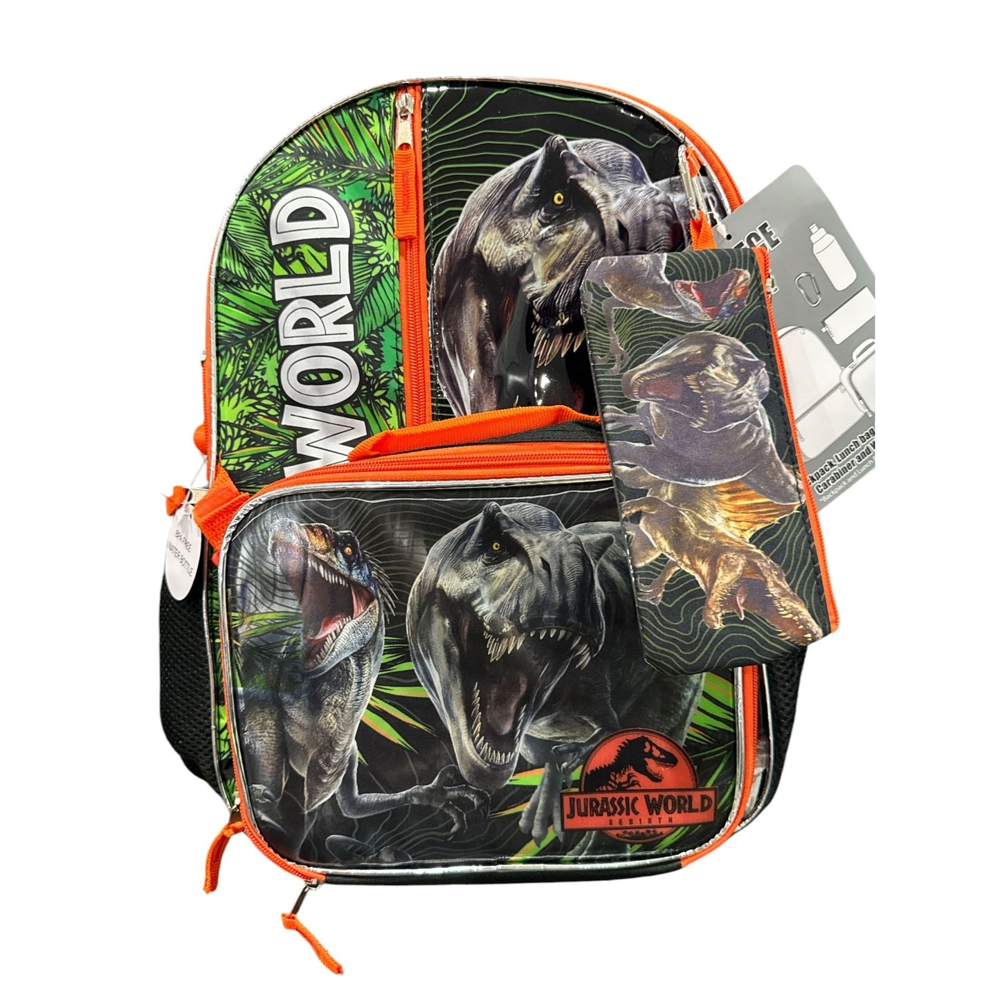Jurassic World 5-Piece Backpack Set With Lunch Bag, Water Bottle & Accessories Plus Kids Accessories Bundle