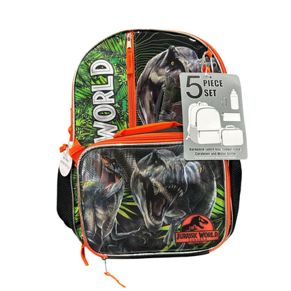 Jurassic World 5-Piece Backpack Set With Lunch Bag, Water Bottle & Accessories Plus Kids Accessories Bundle