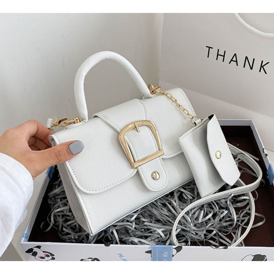 White Mini Handbag With Gold Buckle & Detachable Pouch Top Handle & Crossbody Strap