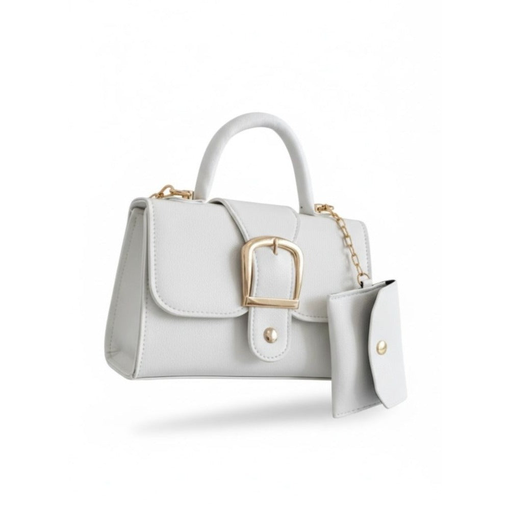 White Mini Handbag With Gold Buckle & Detachable Pouch Top Handle & Crossbody Strap