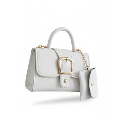White Mini Handbag With Gold Buckle & Detachable Pouch Top Handle & Crossbody Strap