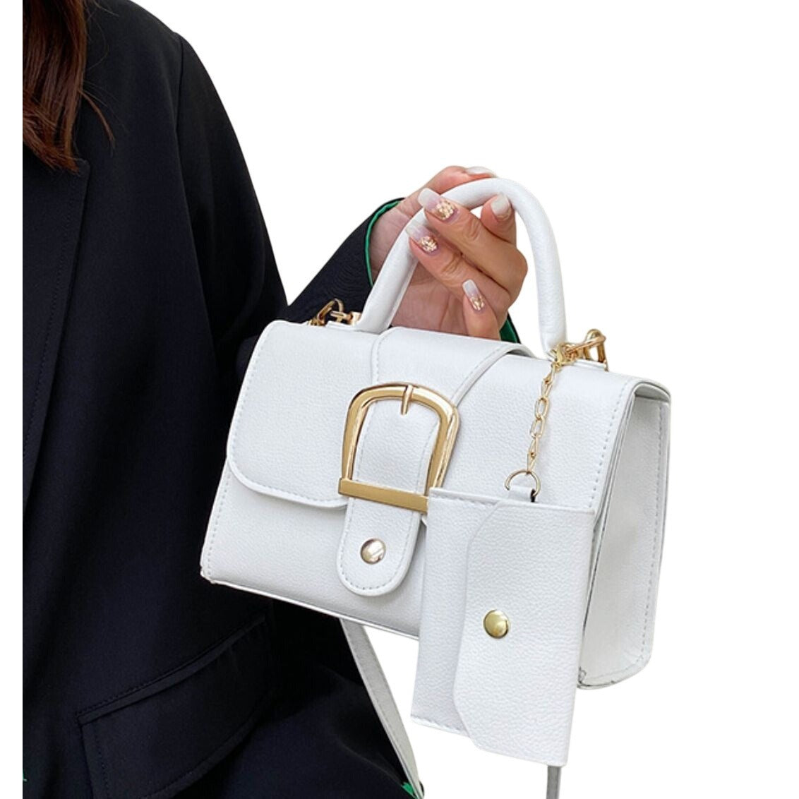 White Mini Handbag With Gold Buckle & Detachable Pouch Top Handle & Crossbody Strap