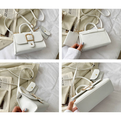 White Mini Handbag With Gold Buckle & Detachable Pouch Top Handle & Crossbody Strap
