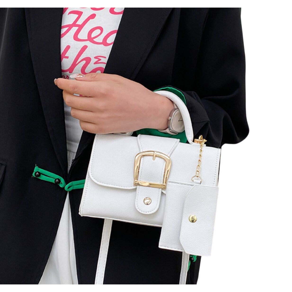 White Mini Handbag With Gold Buckle & Detachable Pouch Top Handle & Crossbody Strap
