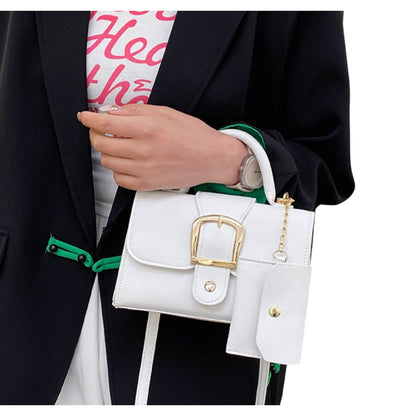White Mini Handbag With Gold Buckle & Detachable Pouch Top Handle & Crossbody Strap