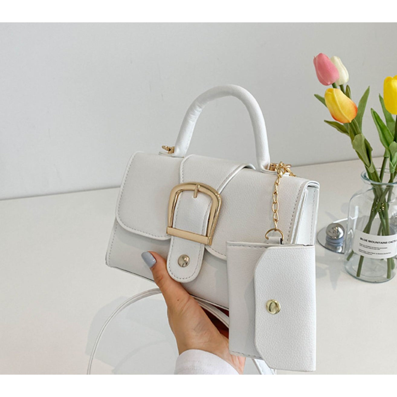 White Mini Handbag With Gold Buckle & Detachable Pouch Top Handle & Crossbody Strap