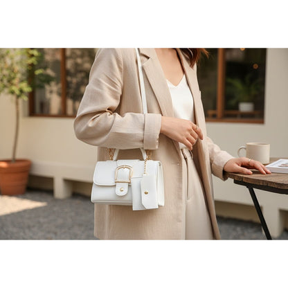 White Mini Handbag With Gold Buckle & Detachable Pouch Top Handle & Crossbody Strap