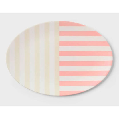 Striped Oval Serving Plates Set Of 2 Beige & Pink Dishwasher Safe 18"