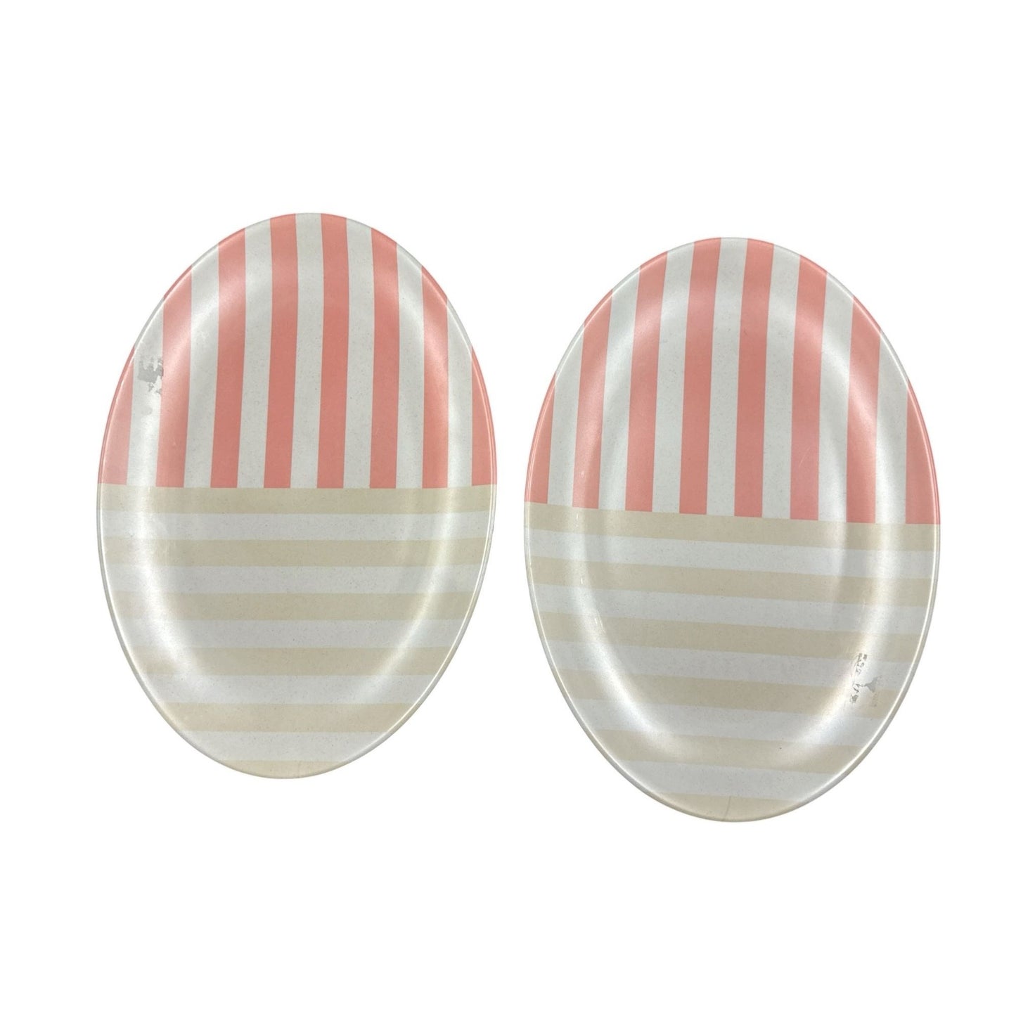 Striped Oval Serving Plates Set Of 2 Beige & Pink Dishwasher Safe 18"