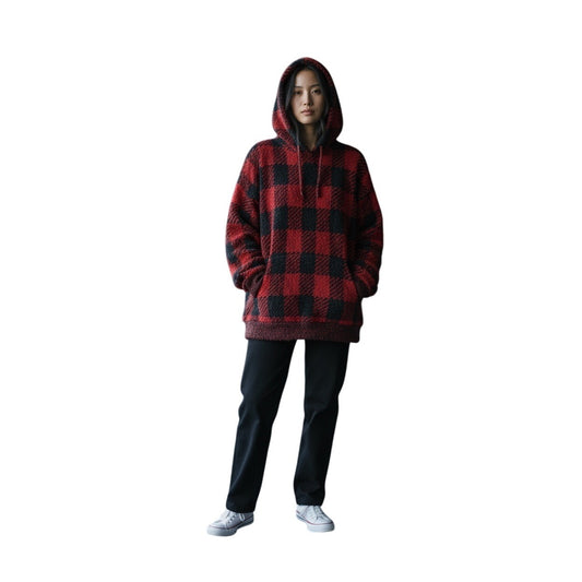 Skims Buffalo Plaid Oversized Hoodie Sweater Red & Black Cozy Fleece Women's Size L/XL