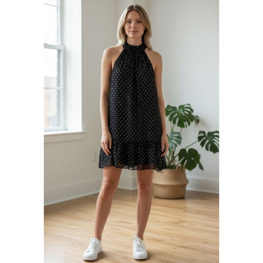 Kensie Navy & Gold Polka Dot Smocked Halter Dress Size 8 - New With Tags