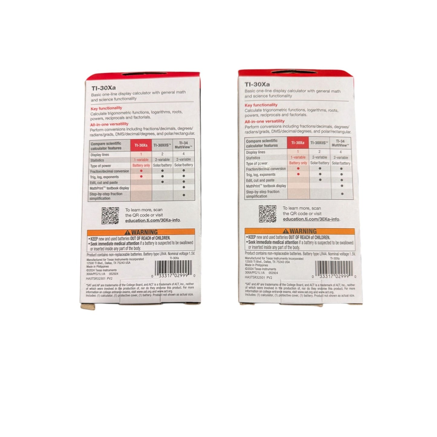 Set of 2 Texas Instruments TI-30Xa Battery-Powered Scientific Calculator With Protective Cover Permitted For SAT/AP/ACT Exams