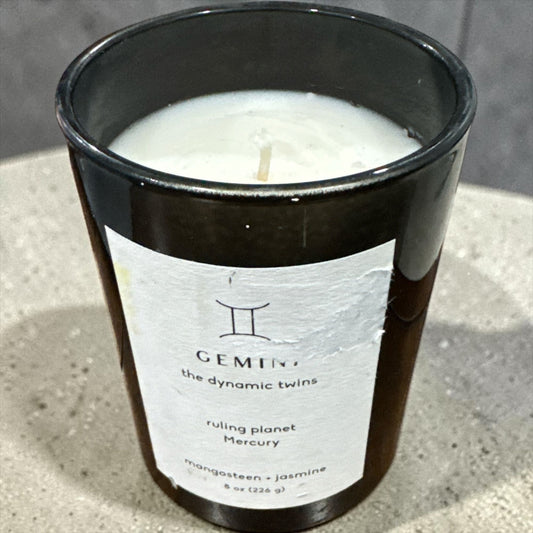 Gemini Zodiac Candle Mangosteen & Jasmine Scented Soy Blend 8 oz Black Glass 36-Hour Burn Time