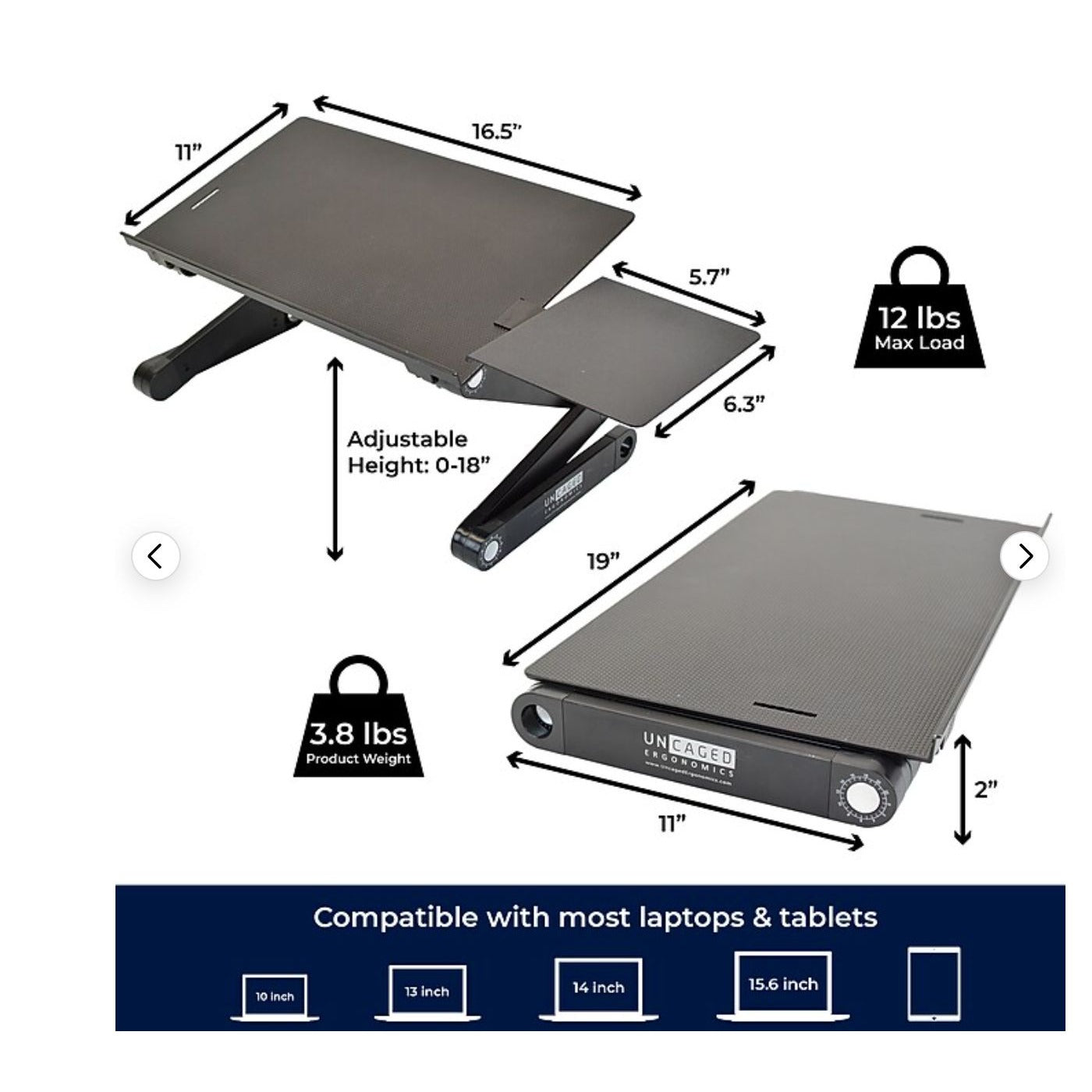 WorkEZ Best XL Adjustable Laptop Stand & Lap Desk For Bed Couch Desk - Black