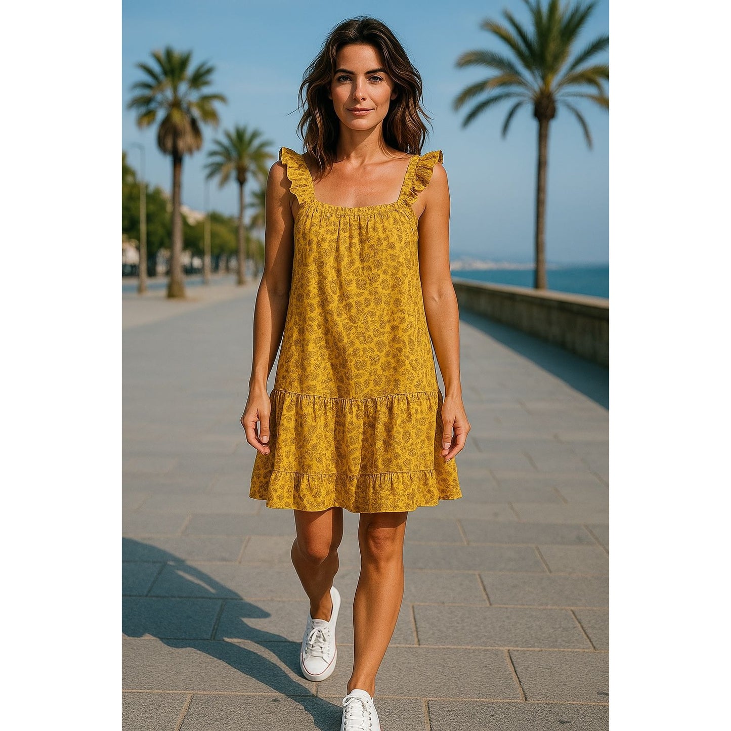 Yellow Floral Ruffle Strap Tiered Mini Dress By Lush - Size S