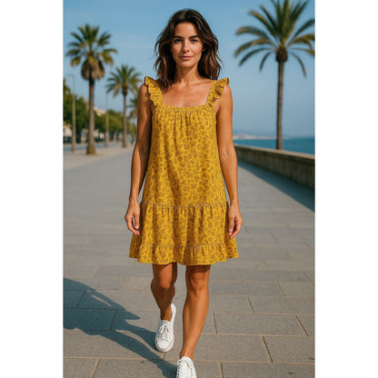 Yellow Floral Ruffle Strap Tiered Mini Dress By Lush - Size S