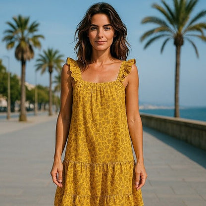Yellow Floral Ruffle Strap Tiered Mini Dress By Lush - Size S