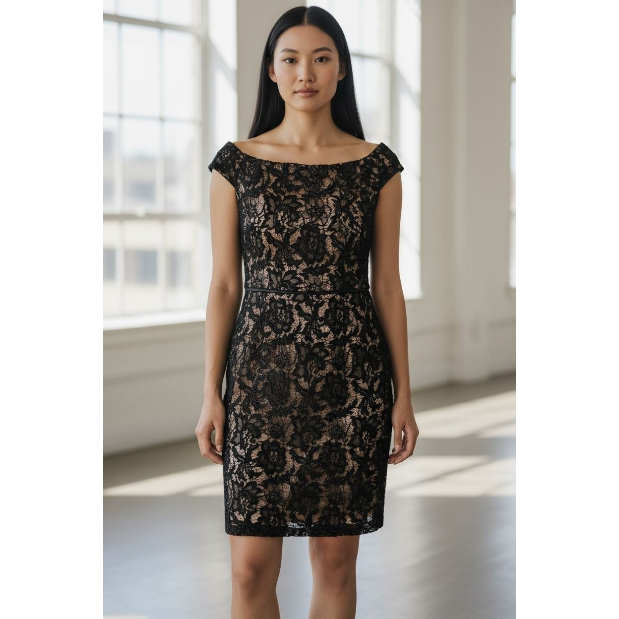 Vince Camuto Women's Off-The-Shoulder Black Lace Sheath Dress Size 8 Lined Elegant Evening Wear