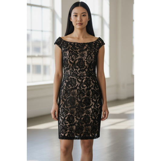 Vince Camuto Women's Off-The-Shoulder Black Lace Sheath Dress Size 8 Lined Elegant Evening Wear