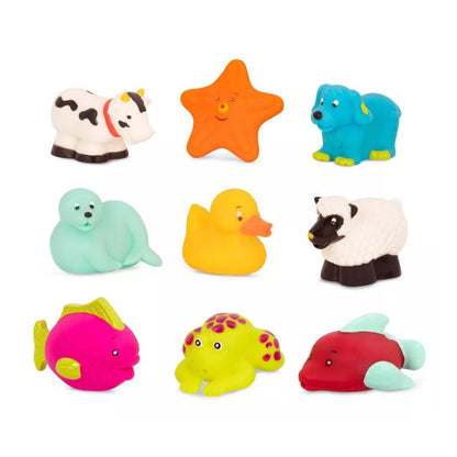 B. Toys Squish & Splash Bath Buddies - 9 Animal-Themed Water Squirting Bath Toys Easy-To-Grab Design For Ages 10M+ (2-PACK)
