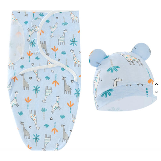 Baby Swaddle Blanket & Hat Set With Giraffe Print - Soft Cotton Wrap For Newborns