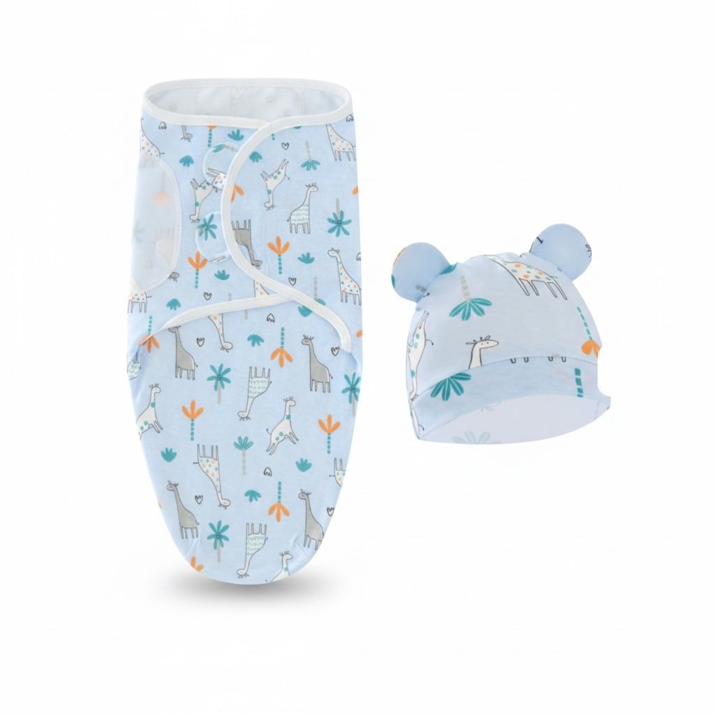 Baby Swaddle Blanket & Hat Set With Giraffe Print - Soft Cotton Wrap For Newborns