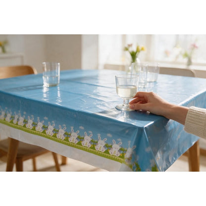 Easter Bunny Plastic Table Covers - Set Of 4 54" x 108" Green & Blue With Bunny Prints