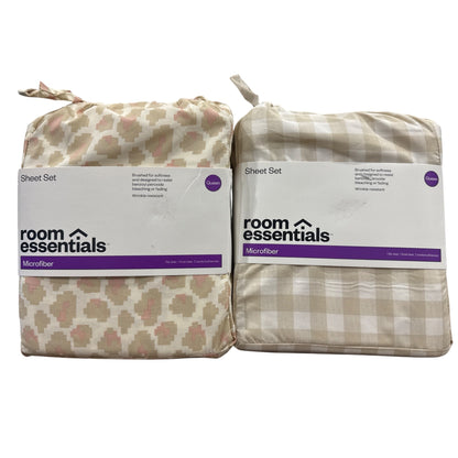 Room Essentials Microfiber Queen Sheet Sets Beige Gingham & Pink Leopard Patterns Wrinkle Resistant