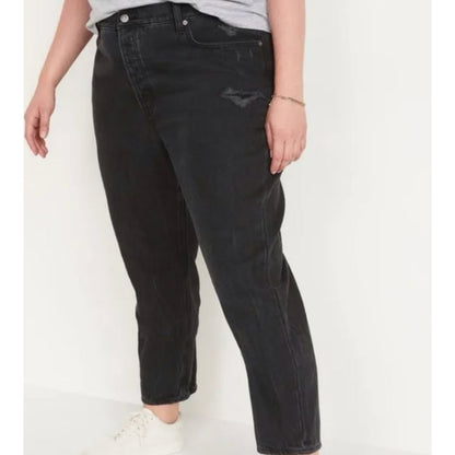 Old Navy High-Rise Slouchy Straight Black Jeans Distressed Size 16 Tall