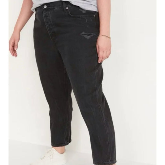 Old Navy High-Rise Slouchy Straight Black Jeans Distressed Size 16 Tall