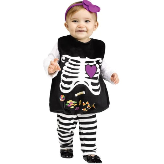 Skelly Belly Infant Skeleton Halloween Costume With Striped Pants & Purple Heart Candy Design
