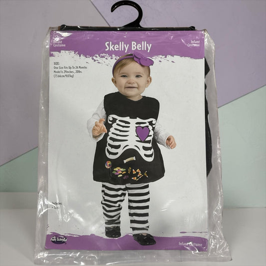 Skelly Belly Infant Skeleton Halloween Costume With Striped Pants & Purple Heart Candy Design