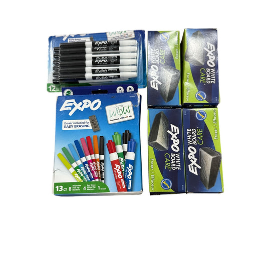 Set of 5 Expo Dry Erase Marker & Whiteboard Eraser Bundle 24 Count Assorted Colors Low Odor Fine & Chisel Tip