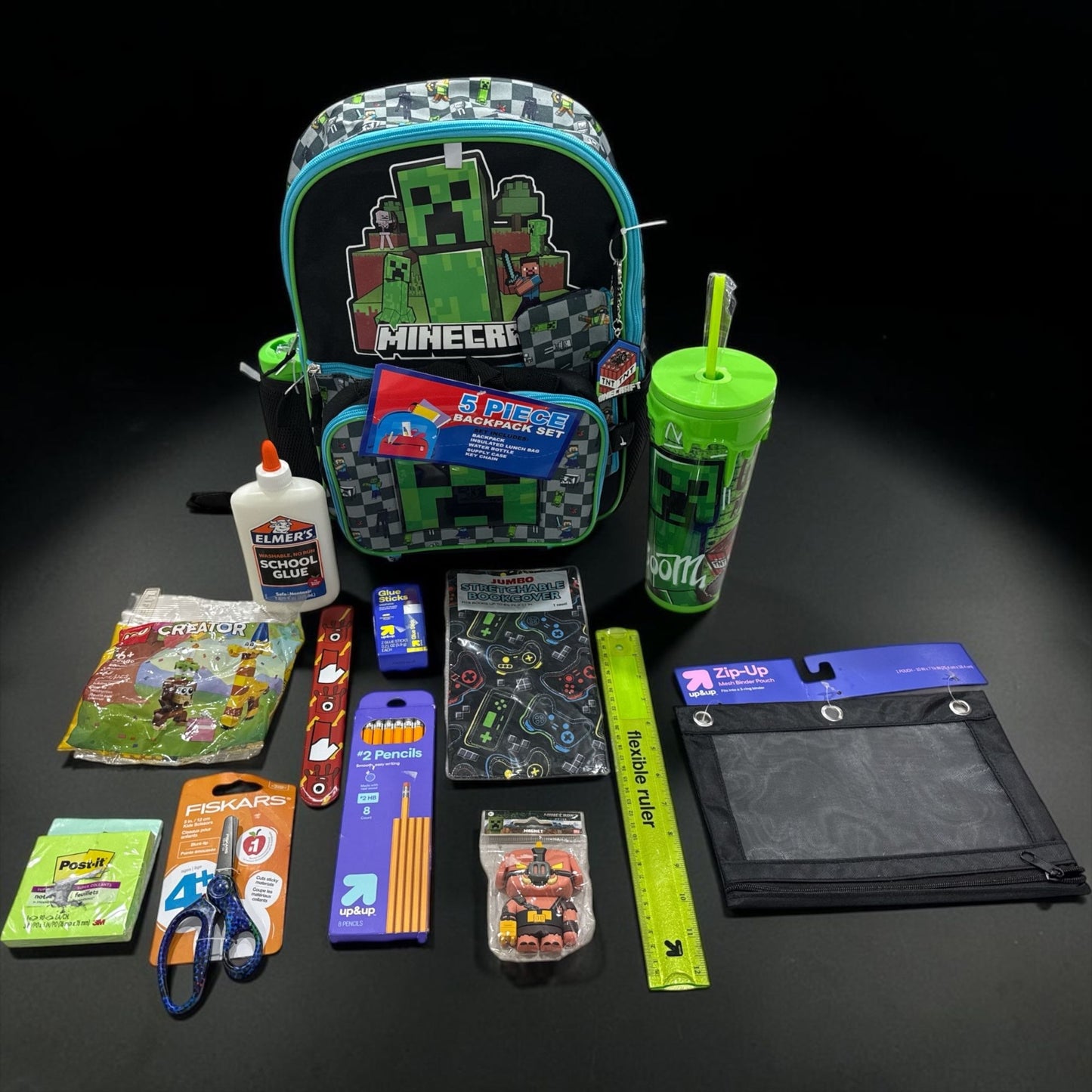 Minecraft 5-Piece Backpack Set W/ Lunch Bag Water Bottle Pencil Case School Supplies Creeper Design