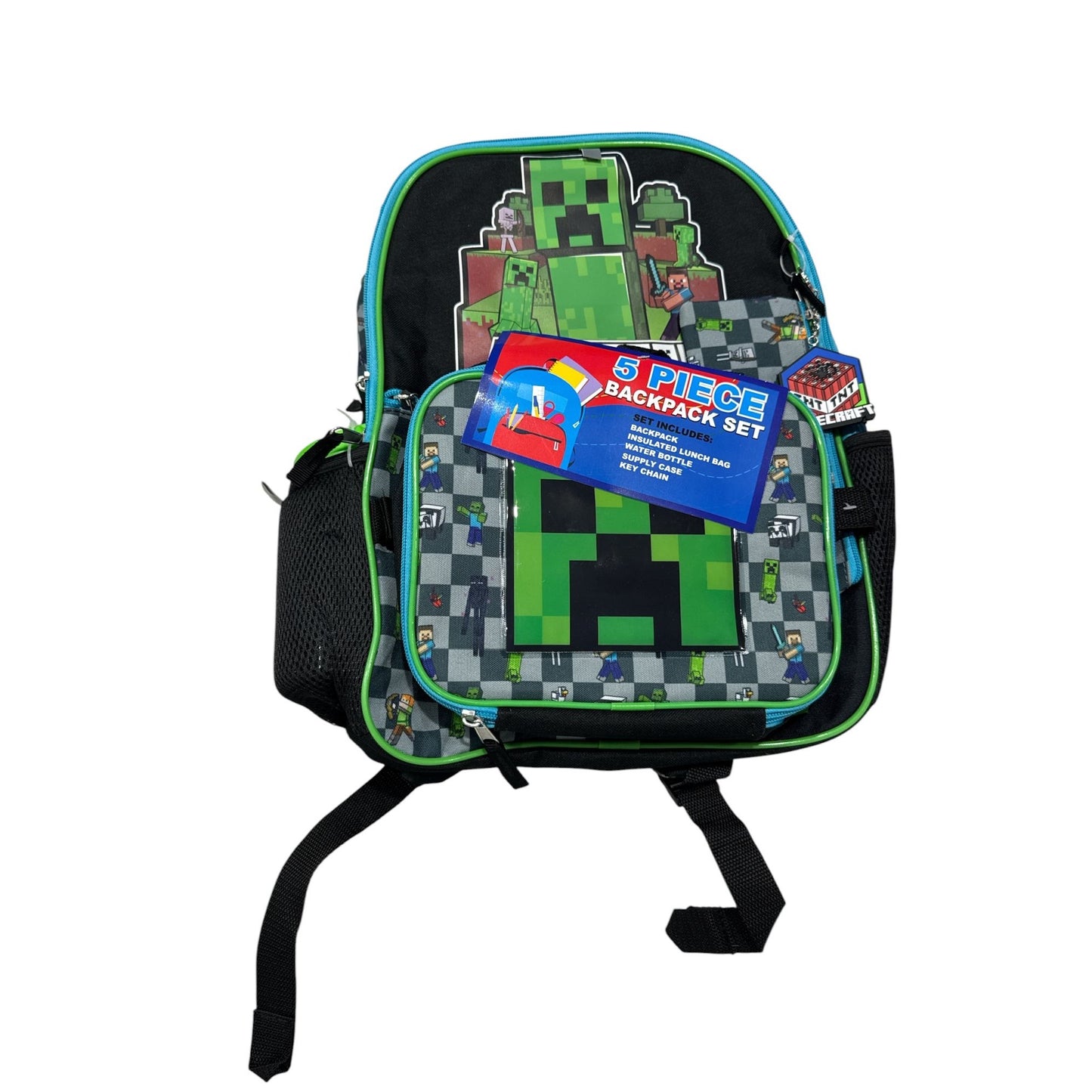 Minecraft 5-Piece Backpack Set W/ Lunch Bag Water Bottle Pencil Case School Supplies Creeper Design