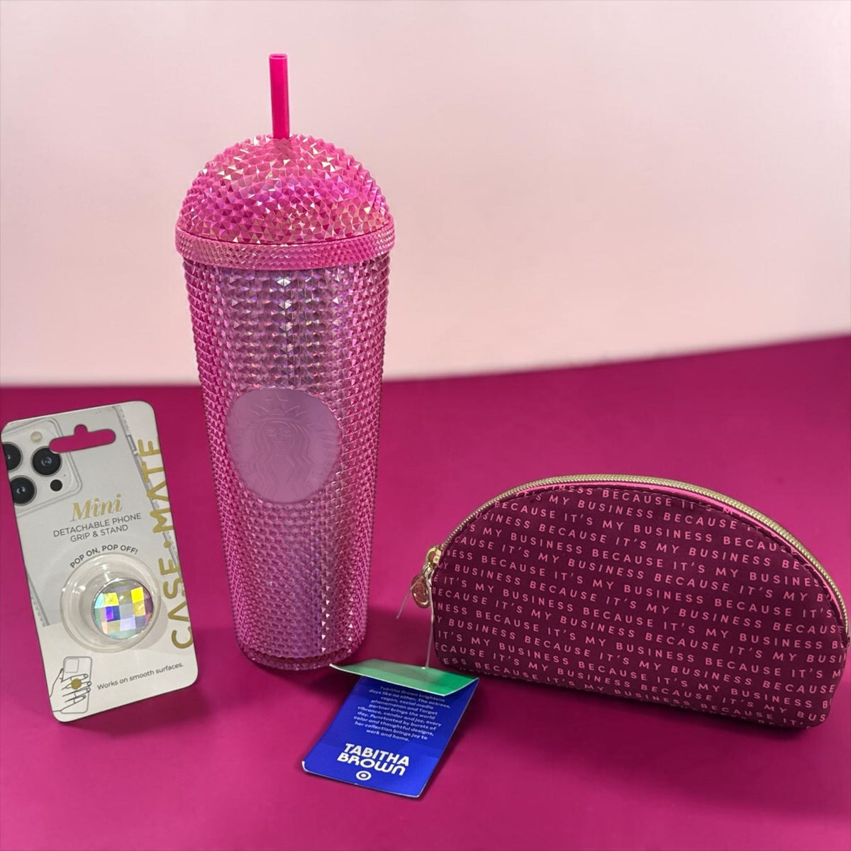Starbucks Pink Rhinestone Tumbler, Tabitha Brown Pouch & Case-Mate Detachable Phone Grip Gift Set