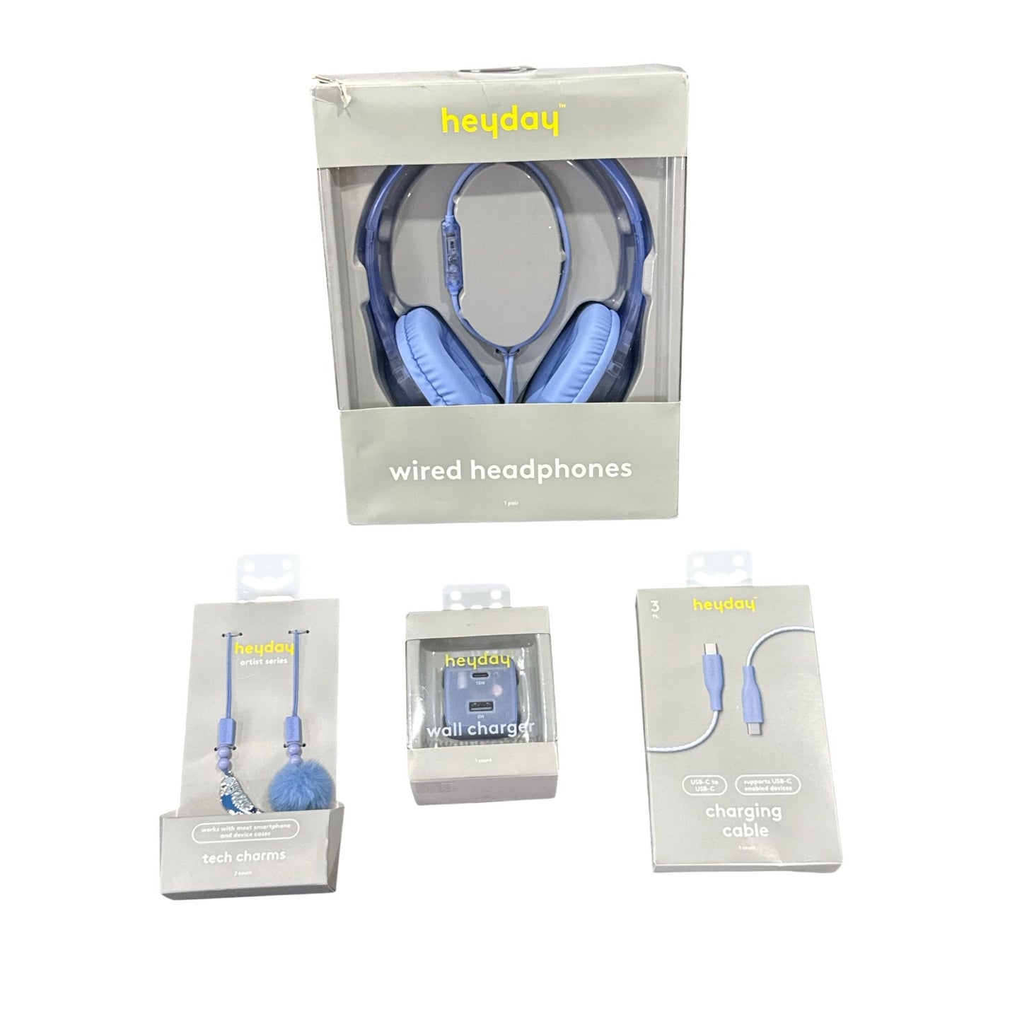 Heyday Wired Headphones, Charging Cable, Wall Charger & Tech Charms Bundle