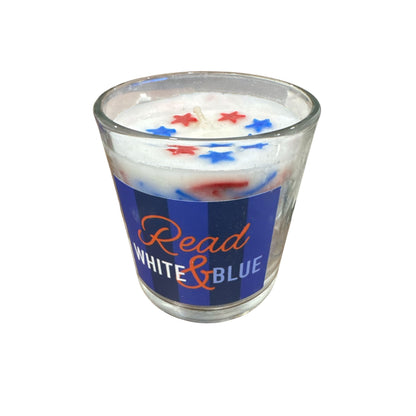 Read White & Blue Glass Candle With Blue Agave & Citrus Scent 8 Oz Soy Blend Patriotic Design
