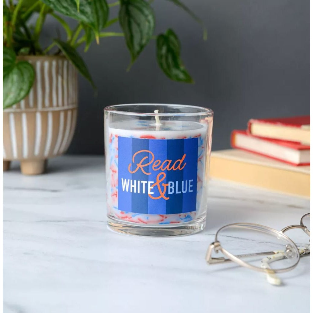 Read White & Blue Glass Candle With Blue Agave & Citrus Scent 8 Oz Soy Blend Patriotic Design