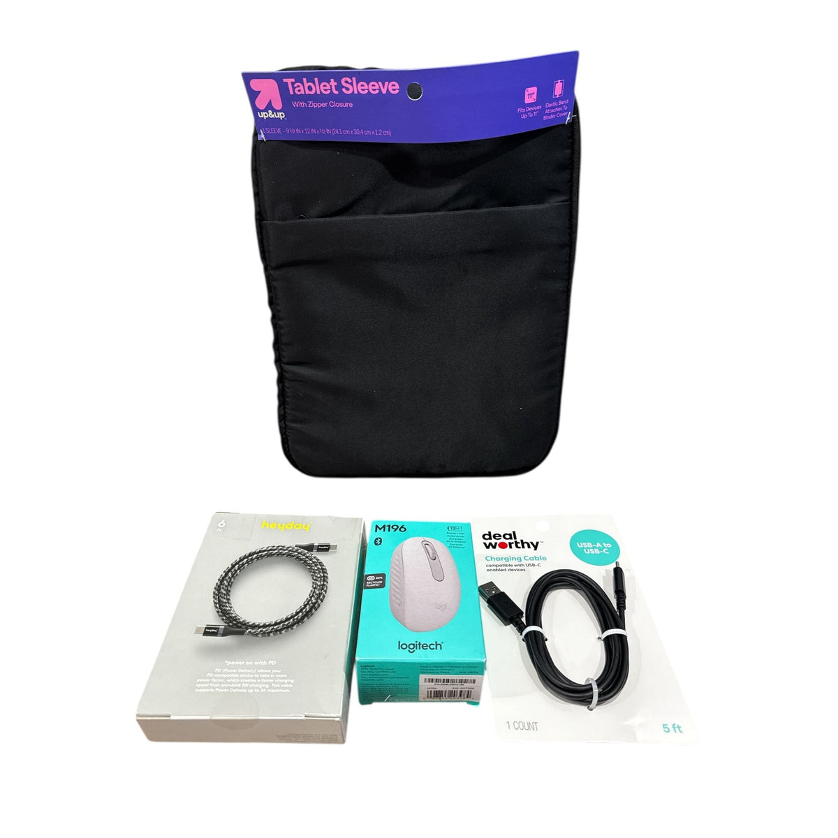 Tablet Sleeve, Logitech M196 Bluetooth Mouse, Heyday USB-C Cable, & Deal Worthy USB-A To USB-C Cable Bundle