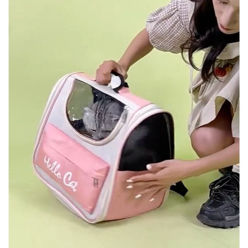 Hello Cat Pet Carrier Pink Backpack With Window & Ventilation For Cats Or Small Pets