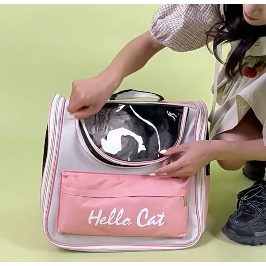 Hello Cat Pet Carrier Pink Backpack With Window & Ventilation For Cats Or Small Pets