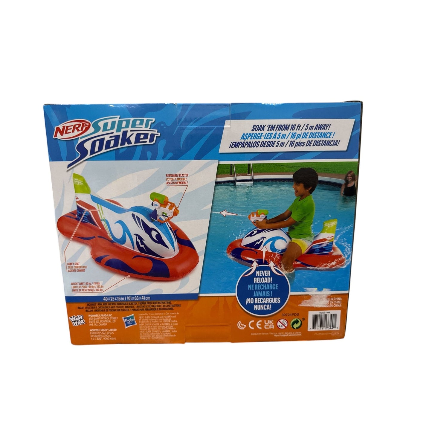 Nerf Super Soaker Sharkblast Ride-On Racer Pool Inflatable With Water Blaster For Kids Ages 6+ Multicolor